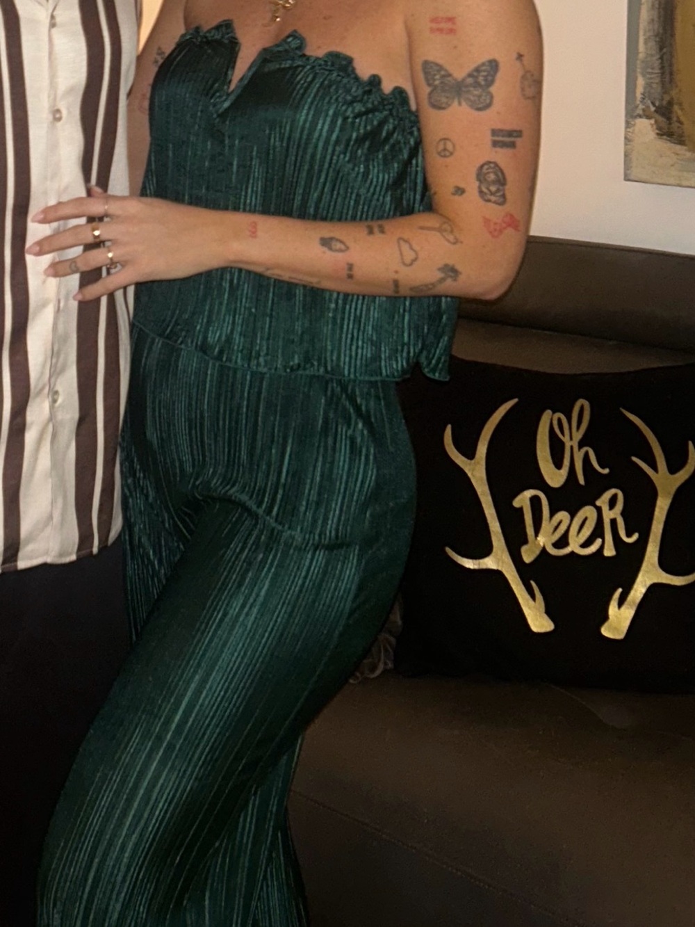 Sleeveless Velvet-Texture Wide Leg Jumpsuit - Emerald Green